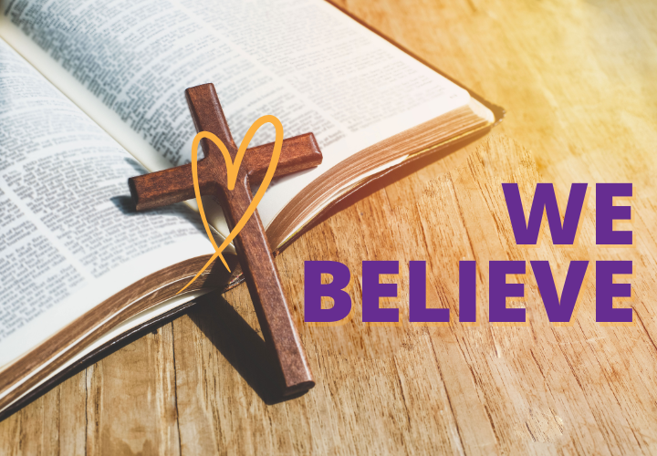 bible with cross and words, we believe